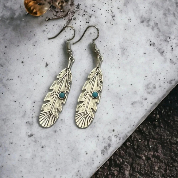 Bohemian Silver Feather Dangle Earrings - Picture 7 of 7